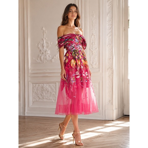 Marchesa Dresses & Skirts - Marchesa Notte Women's Ribbons Tulle Midi Dress in Pink